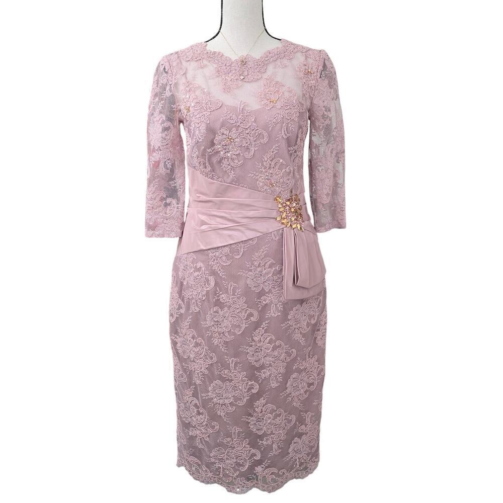 Teri Jon Rickie Freeman Midi Lace Beaded Cocktail Formal Dress Pink Gala Preppy